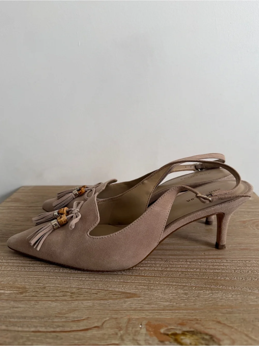 Ann Taylor Beige Suede Slingback Heels with Tassel Detail